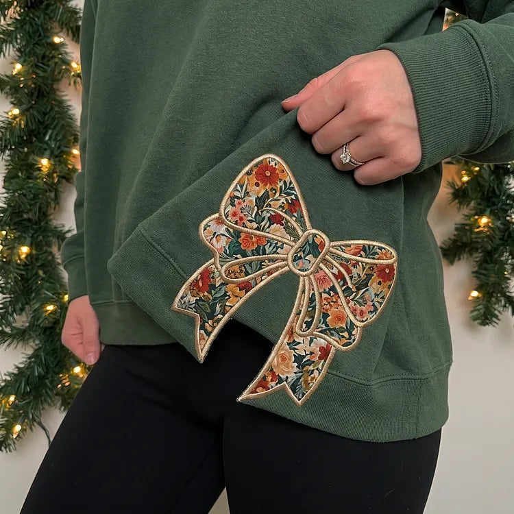 Custom Pet Portrait Floral Applique Embroidered Sweatshirt with Side Bow Detail