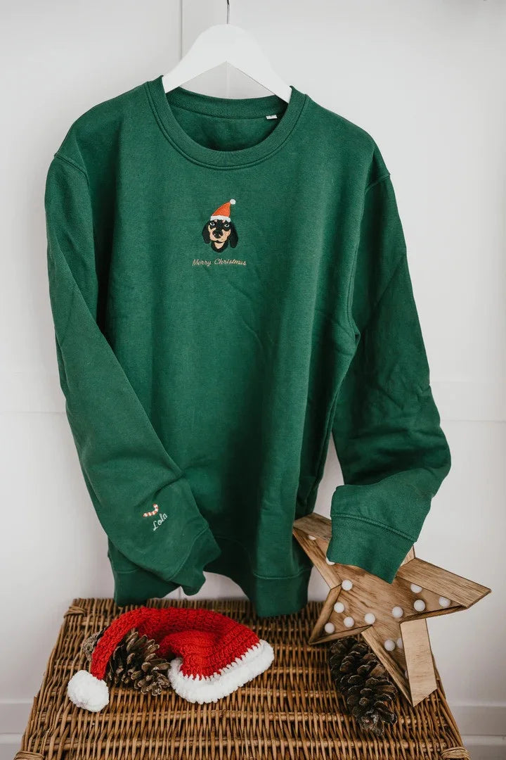 Christmas Custom Pet Face Color Portrait Santa Holiday Crewneck Sweatshirt- Colorful Design