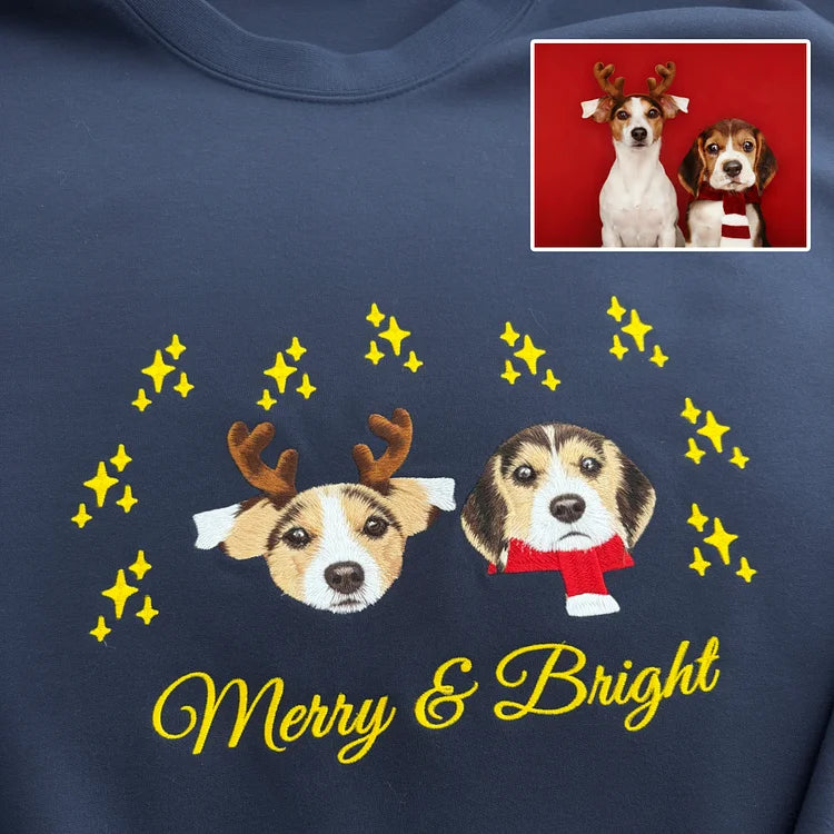 Custom Christmas Pet Embroidered Sweatshirt, Custom Pet Face Hoodie Sweatshirt T-shirt- Colorful Design