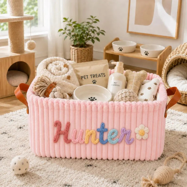 Custom Pet Toy Basket with Name, Personalized Corduroy Pet Toy Basket, Dog or Cat Toy Organizer