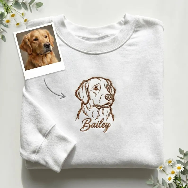 Custom Pet Portrait Line Art Embroidery Sweatshirt, Minimal Embroidered Dog Cat Hoodie- Stylish Outline Style