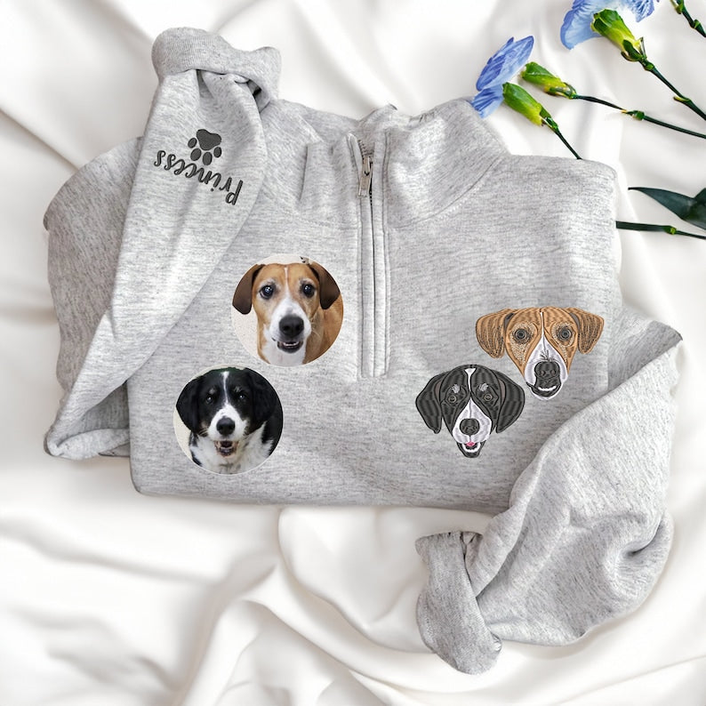 Custom EMBROIDERED Pet Quarter Zip Sweatshirt Dog Potrait Zip Up Sweatshirt- Colorful Design