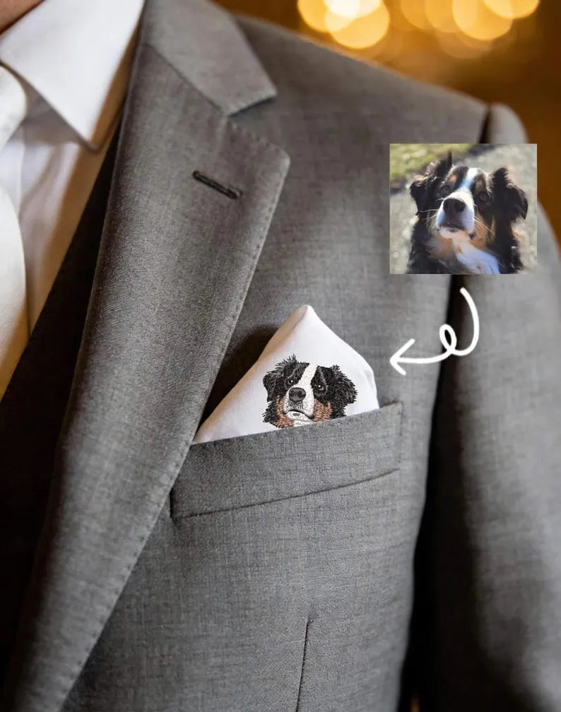 Custom Embroidered Pet Photo Pocket Square, Custom Cotton Handkerchief, Men's Wedding Gift 