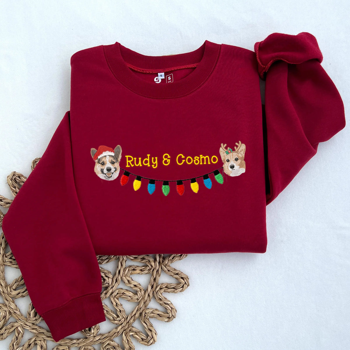 PetFiestas® Custom 2 Pets Portrait and Christmas String Lights Embroidered Sweatshirt, Hoodie, T-shirt- Colorful Design