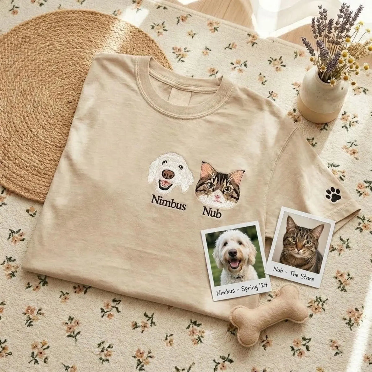 Custom Pet Portrait Embroidered T-shirt Sweatshirt Hoodie, Full Color Style