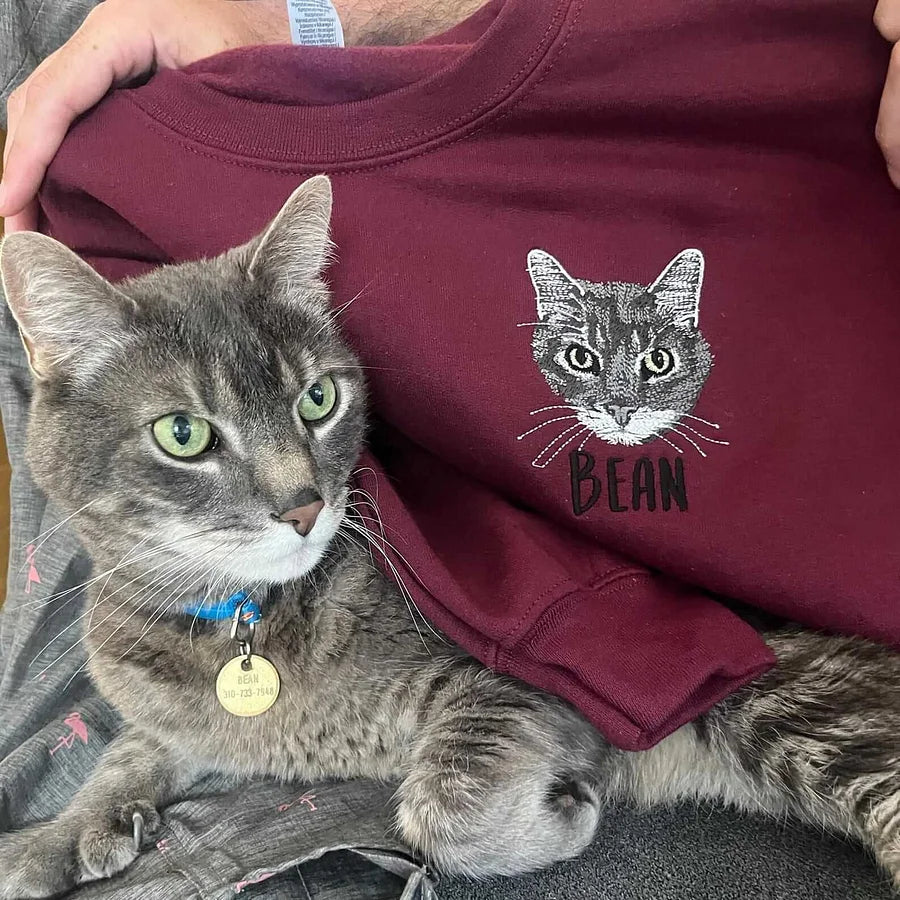 Full Color Pet Portrait Embroidered Sweatshirt – Custom Dog, Cat & Horse Face with Name/Date- Colorful Design