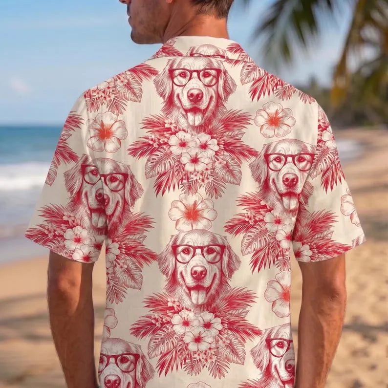 Personalized Dog Photo Toile De Jouy Style Hawaiian Shirt, Fathers Day Gift