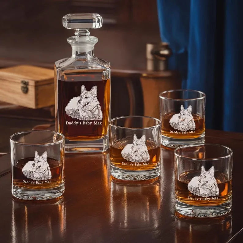 Personalized Custom Photo Dog Pet Whiskey Glass And Decanter Set, Dog Whiskey Glass Cup