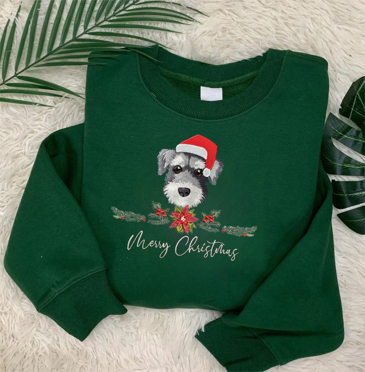 PetFiestas® Merry Christmas Custom Dog Cat Face Embroidered Sweatshirt with Christmas Wreath Embroidery- Colorful Design
