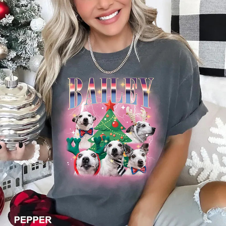 PetFiestas® Christmas Tree Bootleg Dog Photo Sweatshirt T Shirt Hoodie, Custom Vintage Christmas Shirt