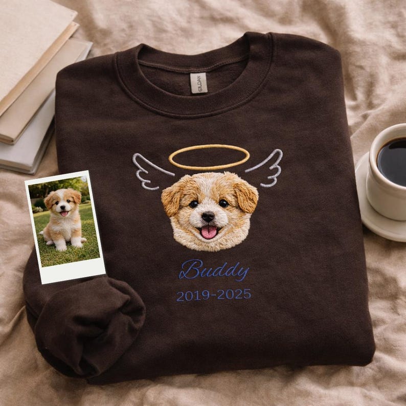 Custom Embroidered Pet Portrait Sweatshirt, Angel Wings Memorial Crewneck