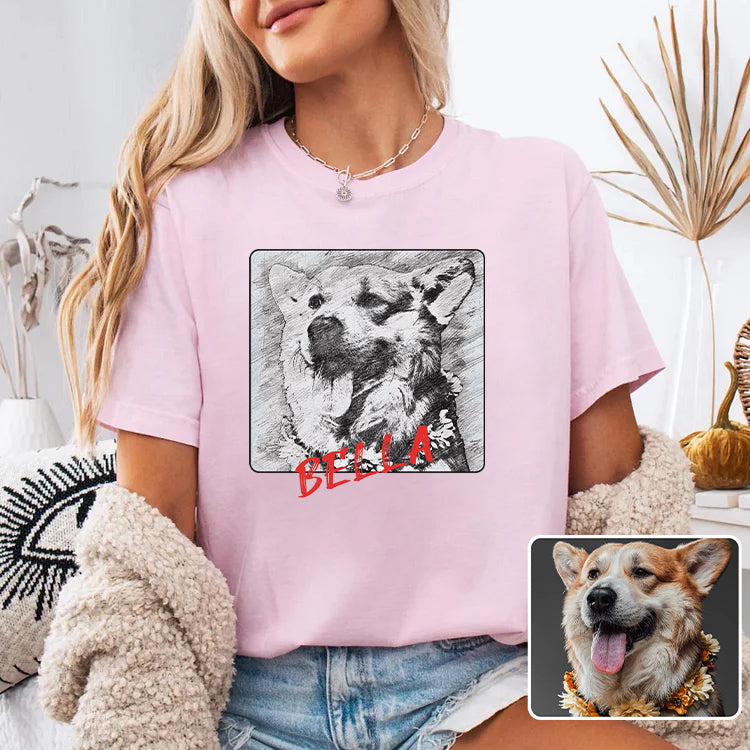 Custom Pet Portrait Pencil Sketch Tee, Dog & Cat Memorial Shirt