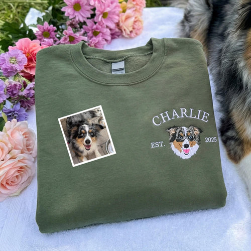 Custom Dog Name and Portrait Embroidered Sweatshirt, Personalized Dog Mom Sweatshirt