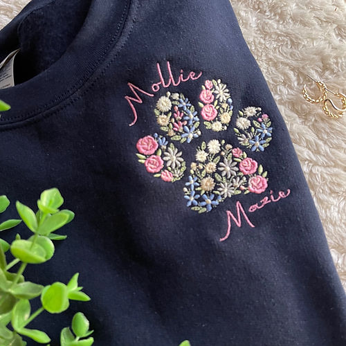 Floral Embroidered Sweatshirt Hoodie with Custom Names on Sleeve, Mother's Day Gift