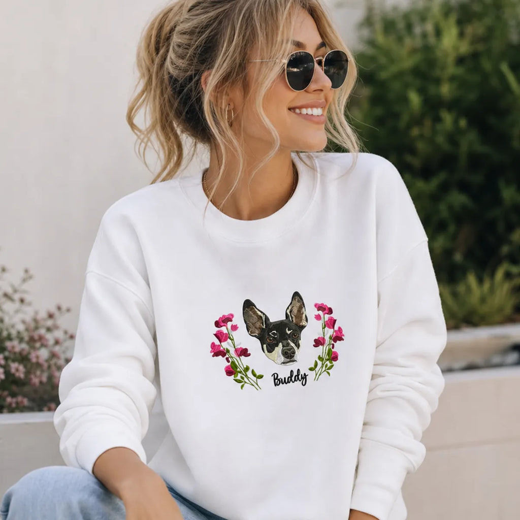 Custom Pet Portrait Embroidered Sweatshirt with Birth Flower Frame