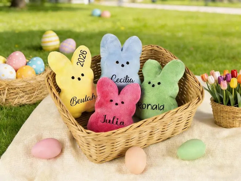 Personalized Peep Bunny Plush–Custom Name Easter Rabbit, Easter Basket Stuffer, Easter Gift for Kids or Pets