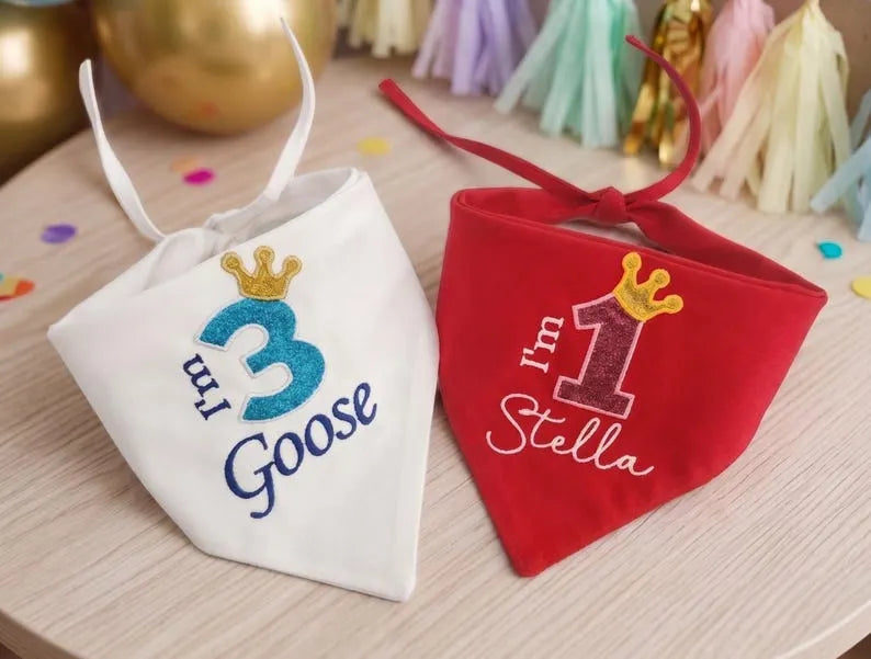 Custom Embroidered Name Birthday Dog Bandana with Glitter Number & Crown Design