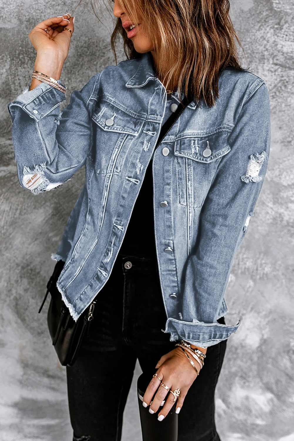 Custom Pet Portrait Embroidered Denim Jacket, Lapel Distressed Raw Hem Buttons Denim Jacket