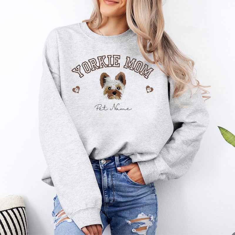 PetFiestas® Dog Mom Custom Dog Portrait Embroidered Hoodie or Sweatshirt T-shirt- Varsity Colorful Design