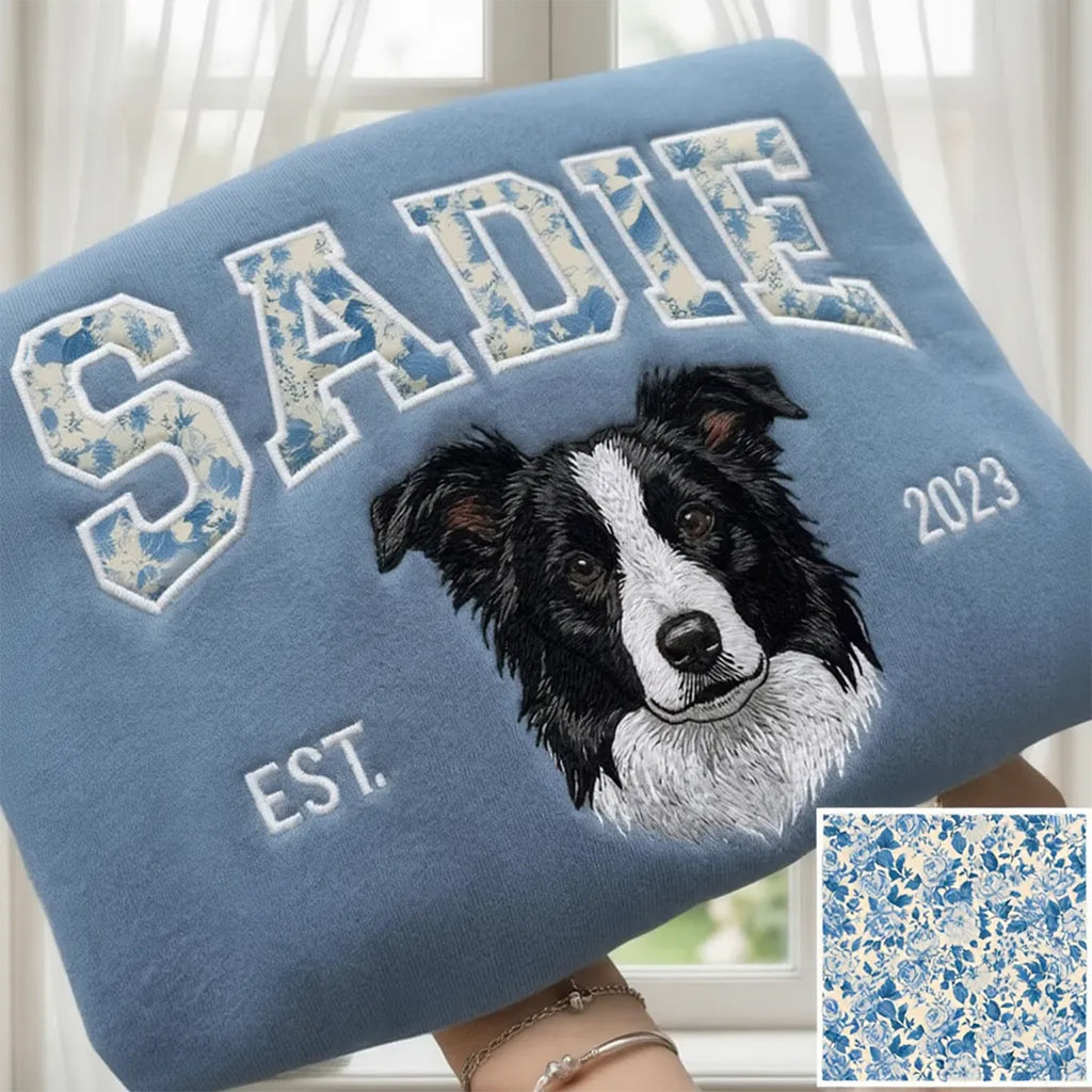 Custom Pet Portrait Sweatshirt — Indigo Blue Chinoiserie Appliqué Name