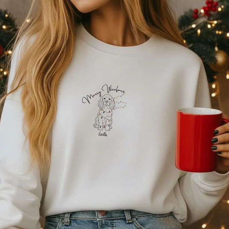 Merry Woofmas Custom Pet Embroidered Sweatshirt with Christmas Light Strings- Stylish Outline Style