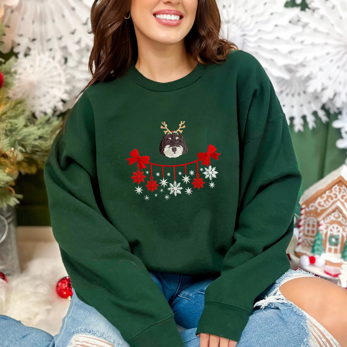 PetFiestas® Christmas Custom Dog Cat Face Embroidered Sweatshirt with Snowflake Embroidery- Colorful Design