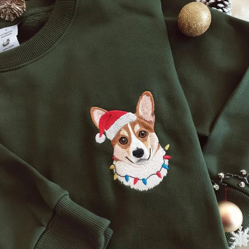 Custom Premium Handcrafted Pet Portrait Sweatshirt, Dog Embroidered Santa Paws Christmas Sweatshirt- Colorful Design