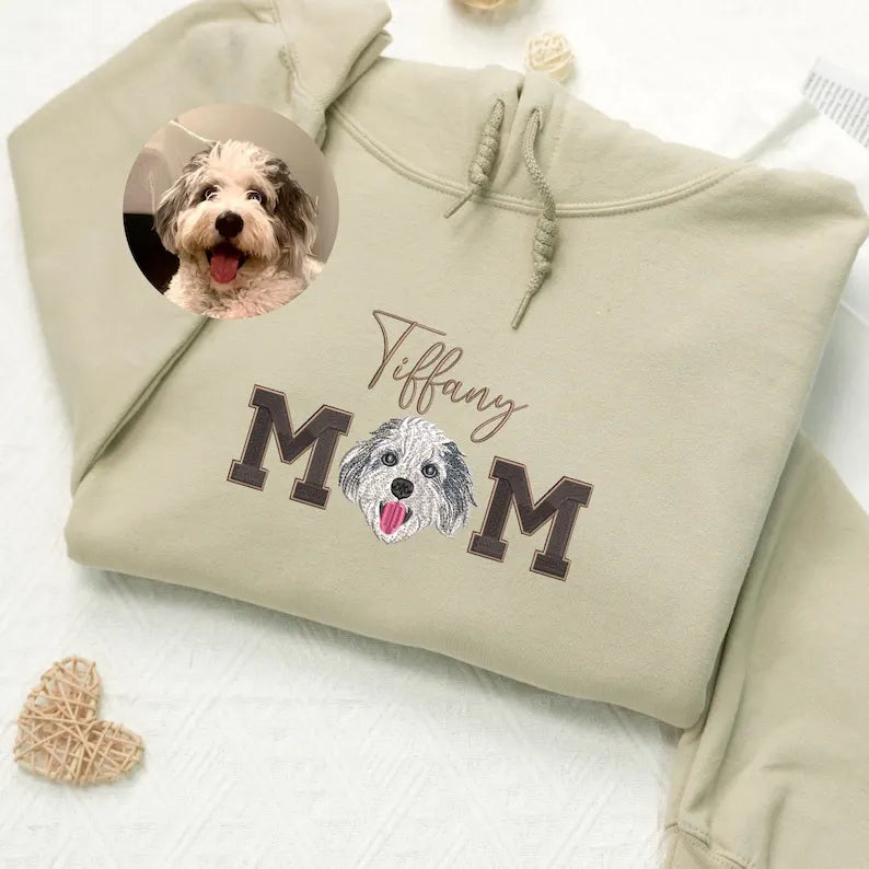 Dog Mom Sweatshirt with Pet Face & Name, Custom Pet Embroidered T-Shirt Sweatshirt Hoodie- Colorful Design