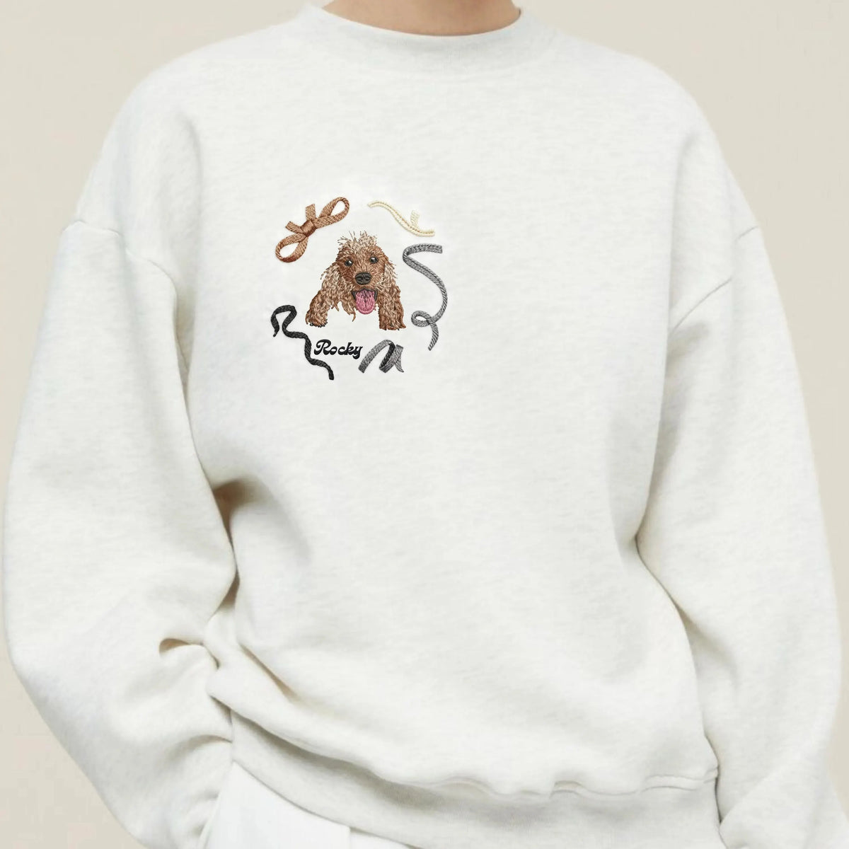 Custom Christmas Pet Portrait Embroidered Sweatshirt with Christmas Ribbons Wreath Design- Colorful Design