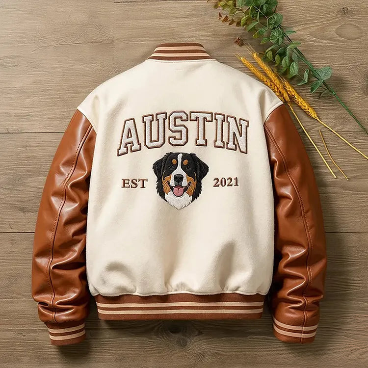 Custom Pet Portrait Varsity Jacket – Letterman Style with Name & Est. Year