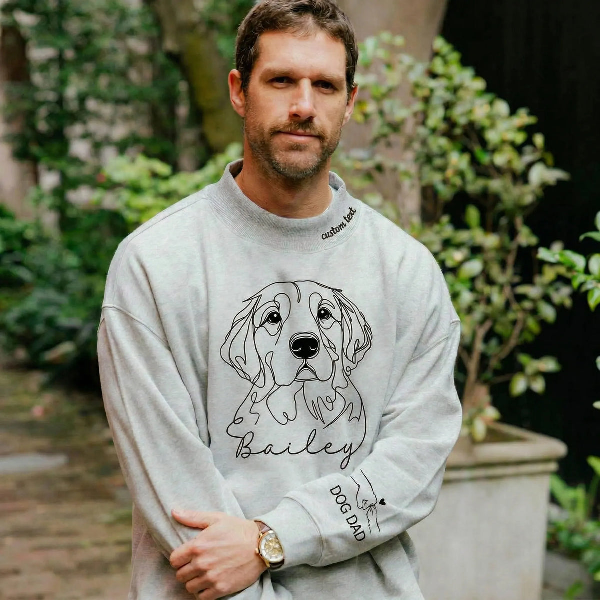 Custom Pet Photo Line Art Printed Mockneck Sweatshirt