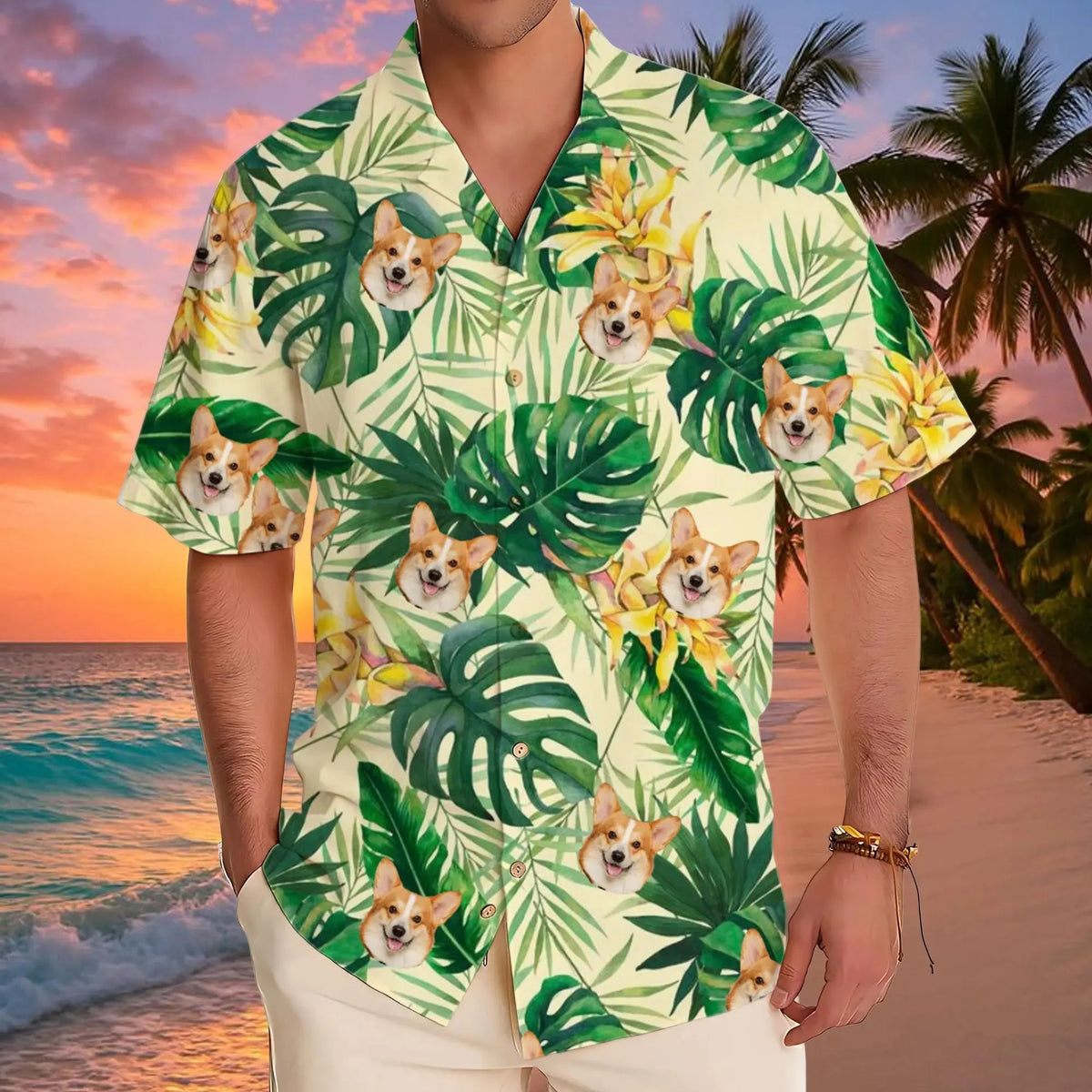 Personalized Photo Hawaiian Shirt Custom Dog Cat Face Holiday Tropical Pattern Shirt