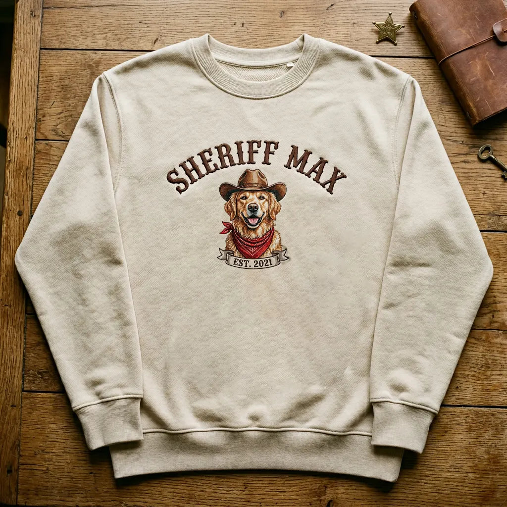 Custom Sheriff Badge Embroidered Pet Portrait Hoodie – From Your Photo, Personalized with Pet’s Name & Est. Date, Colorf