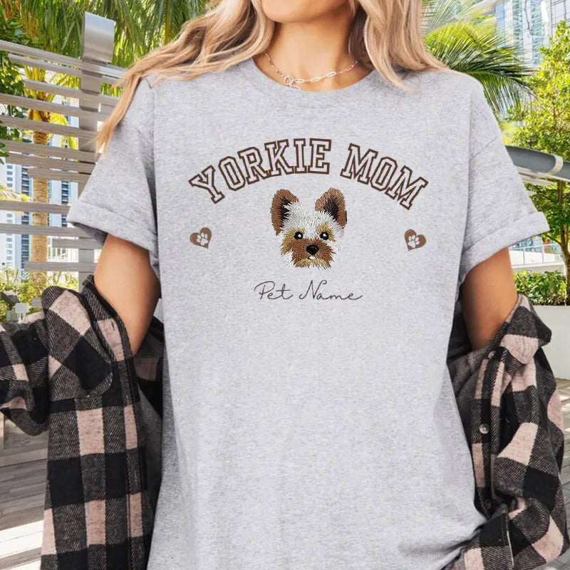 PetFiestas® Dog Mom Custom Dog Portrait Embroidered Hoodie or Sweatshirt T-shirt- Varsity Colorful Design
