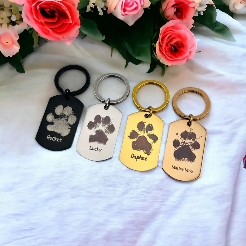 Personalised Actual Dog Paw Keyring, Pet Photo Engraved and Paw Engraving Keychain