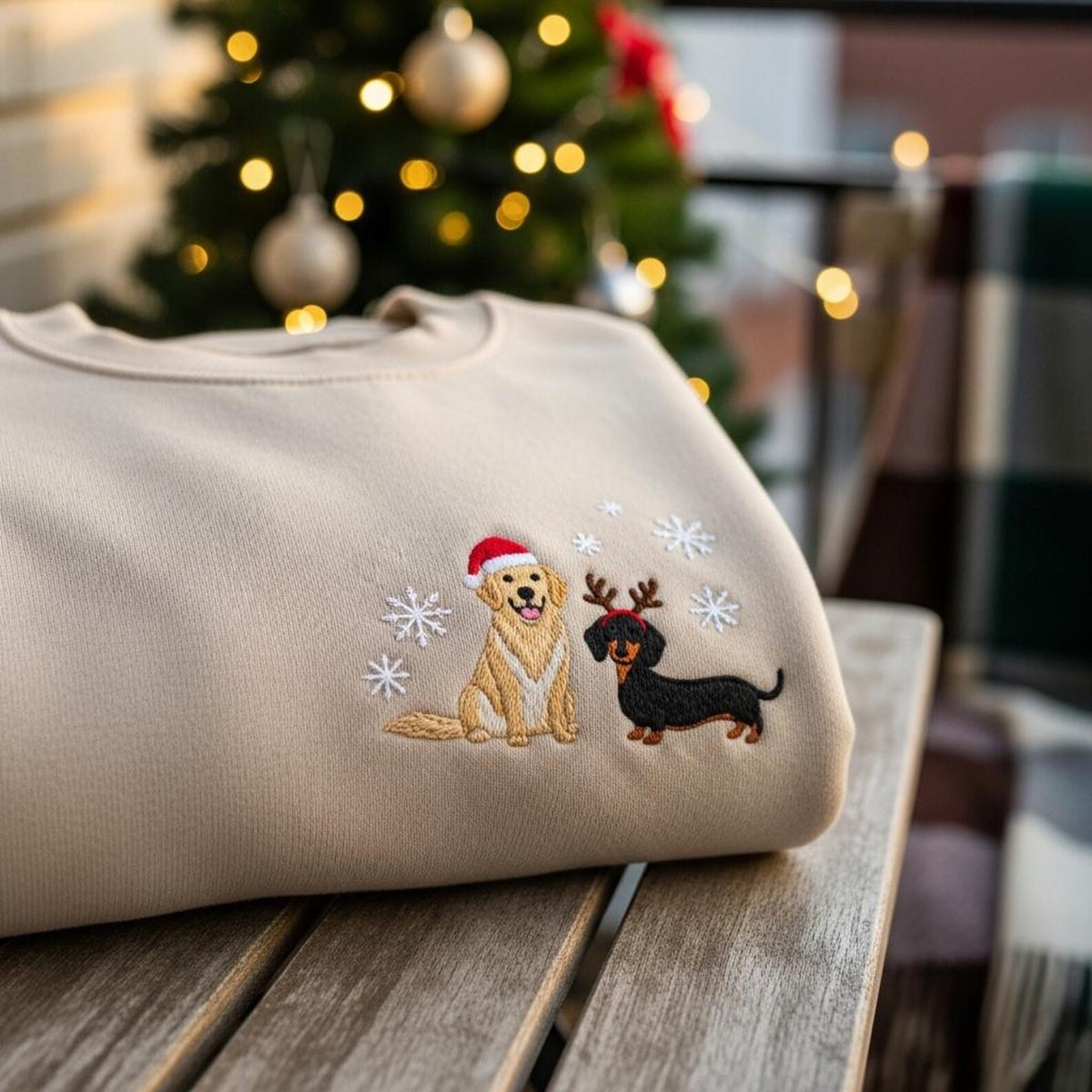 Personalized Christmas Dog Embroidered Sweatshirt – Custom Holiday Crewneck with Pet Photos- Colorful Design