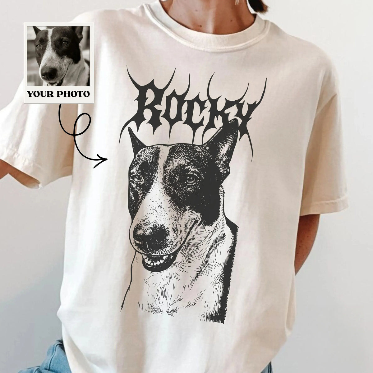 Personalized Pet Portrait Vintage Sketch T-shirt with Gothic Name, Death Metal Dog Portrait Graphic Tee 