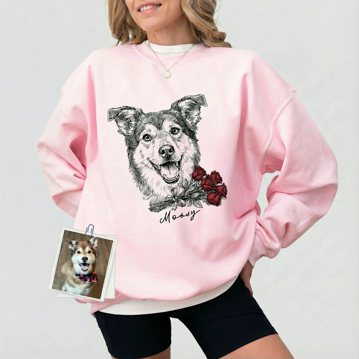 Valentine Custom Pet Portrait Sweatshirt with Rose Bouquet Design