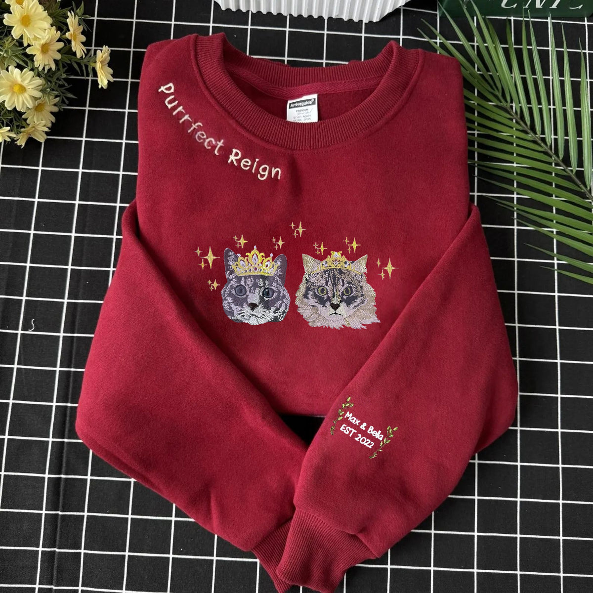 Custom Royal Cat Embroidered Christmas Sweatshirt - Personalized Pet Name & Crown Embroidery- Colorful Design