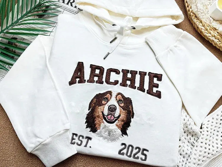 Custom Embroidered Pet Photo Hoodie Sweatshirt with Est Year Below The Photo- Varsity Colorful Design