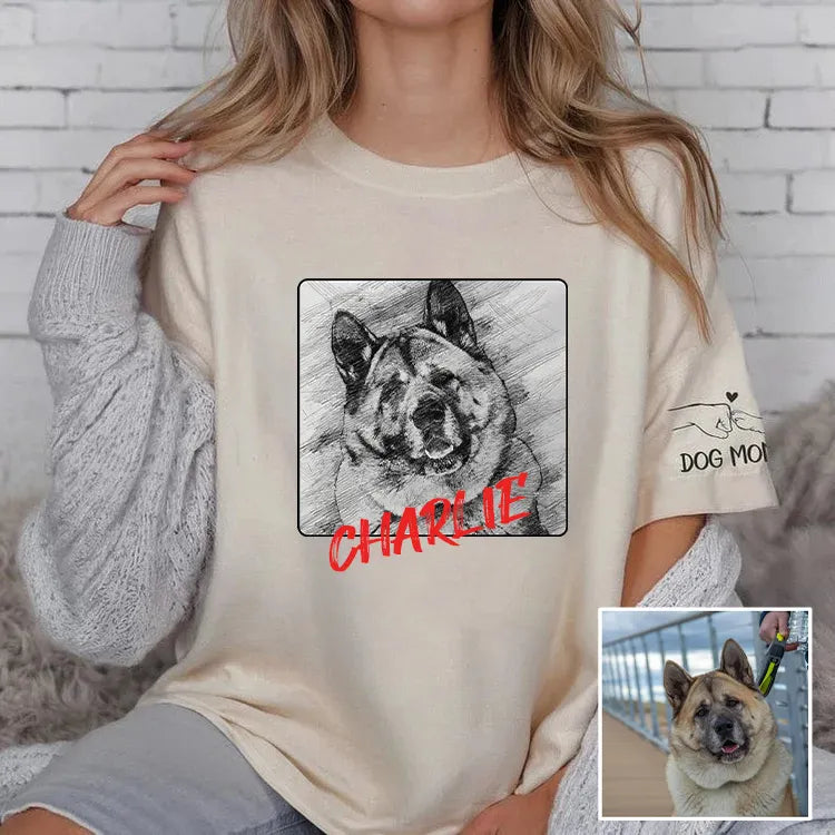 Custom Pet Portrait Pencil Sketch Tee, Dog & Cat Memorial Shirt