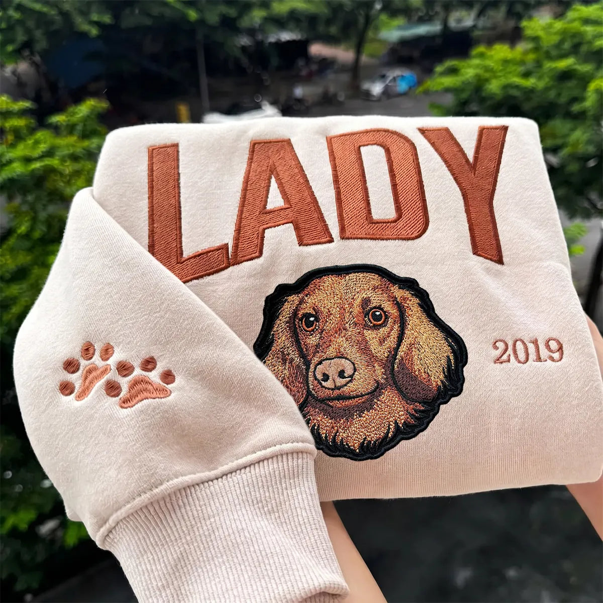 Custom Dog Portrait Sweatshirt with Removable Dog Portrait Velcro Patches-Varsity Style