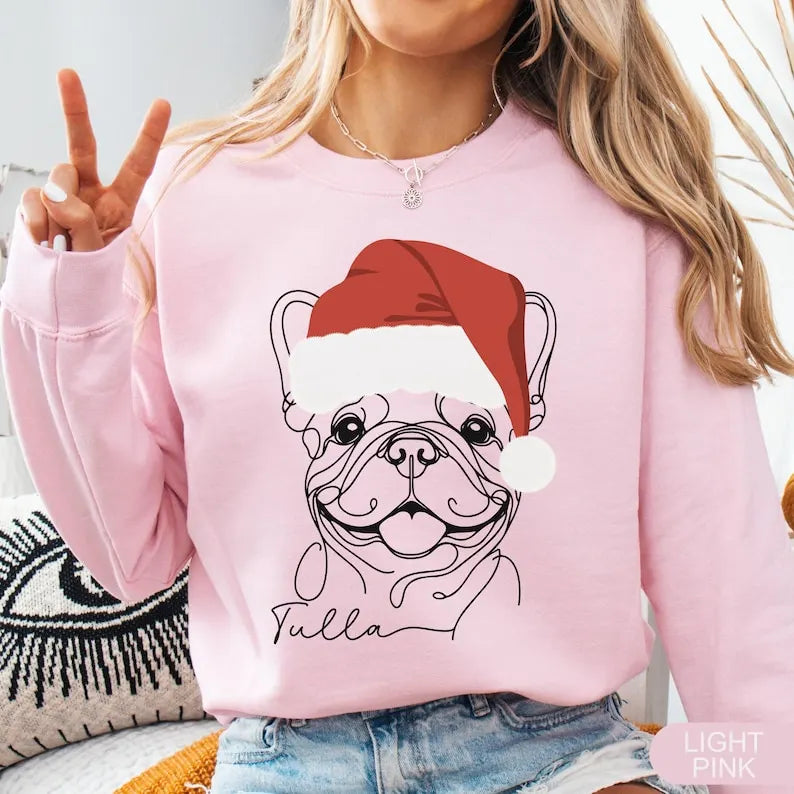 Personalized Dog Minimal Line Art Sweatshirt Hoodie T-shirt with Santa Hat