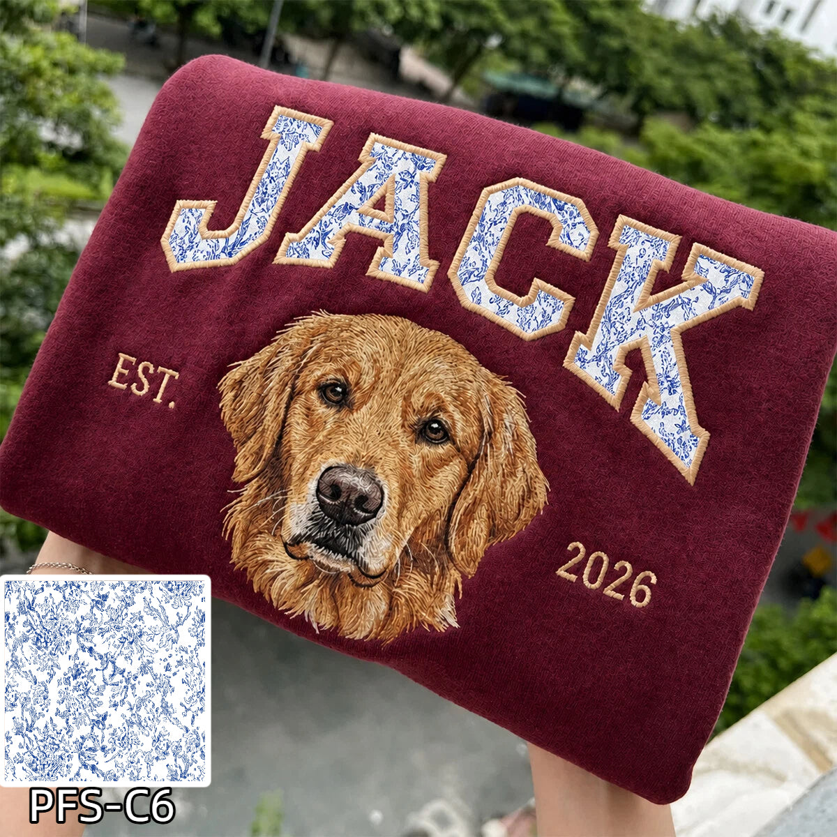 Custom Pet Portrait Embroidered Sweatshirt with Chinoiserie Appliqué Name