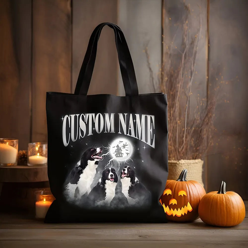 Halloween Personalized Pet Photo Tote Bag Retro Canvas Tote Bag for Trick or Treat