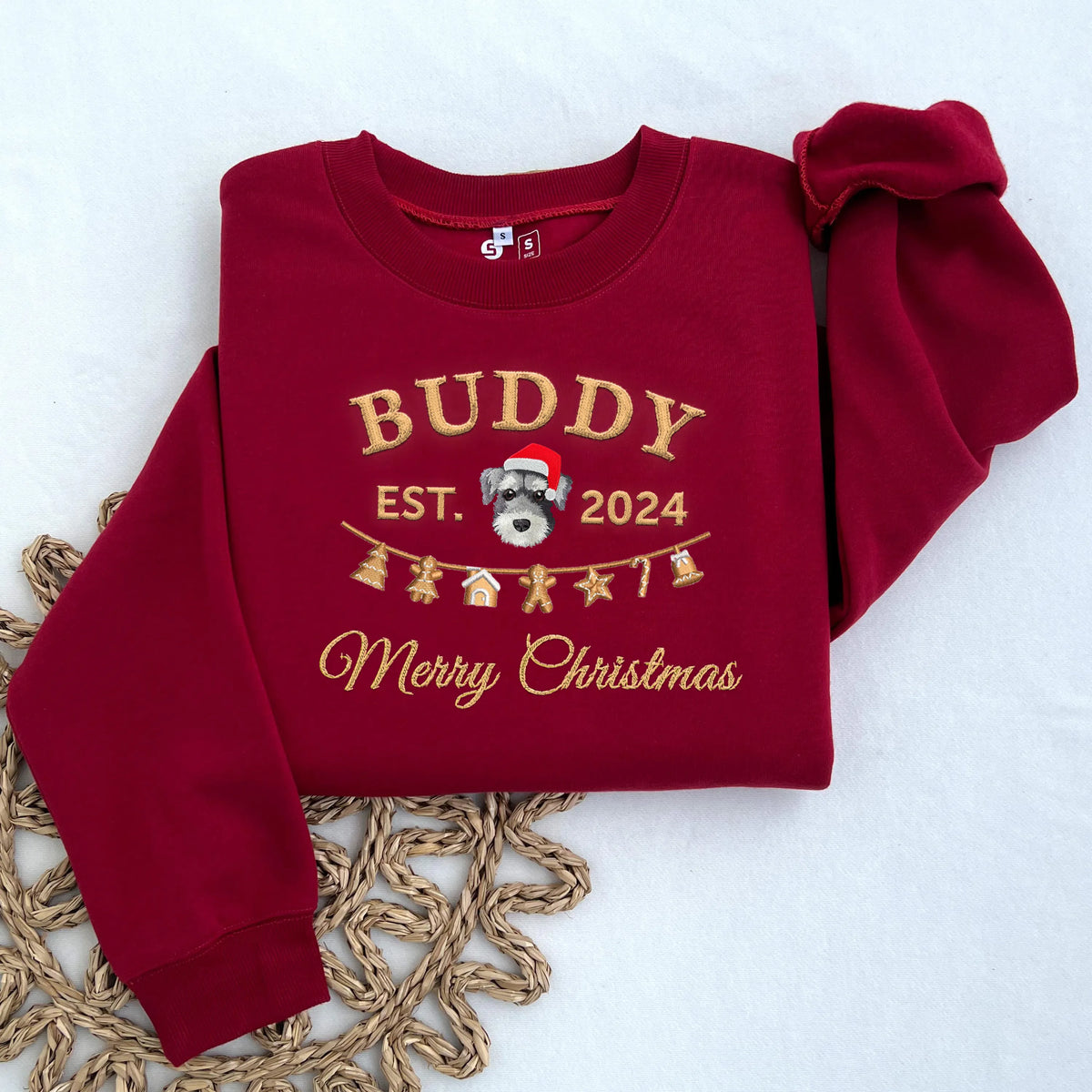 PetFiestas® Gingerbread Embroidery Custom Pet Embroidered Christmas Sweatshirt Hoodie T-shirt- Varsity Colorful Design