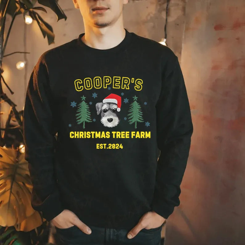 PetFiestas® Custom Christmas Tree Farm Embroidered Personalized Pet Portrait Christmas Sweatshirt Hoodie T-shirt- Varsit