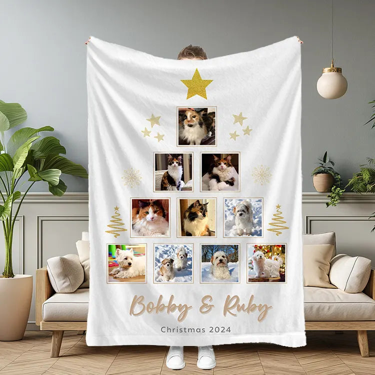 PetFiestas® Custom Photo Christmas Tree Collage, Personalized Photo Blanket, Christmas Gift