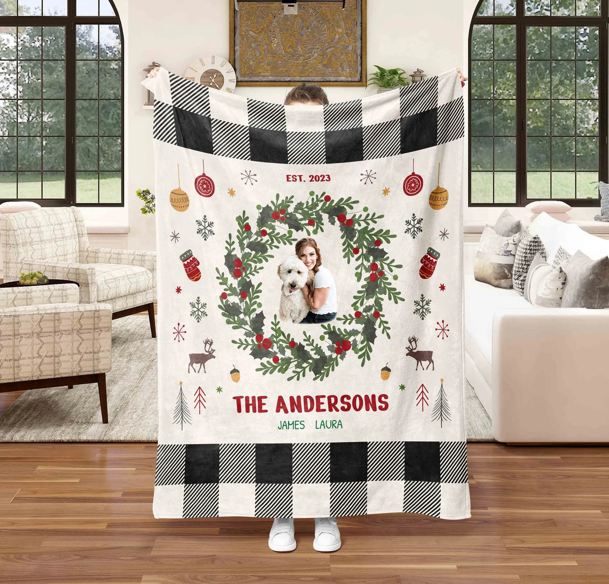 PetFiestas® Personalized Holiday Blanket for Family, Custom Christmas Blanket with Family Name and Photo