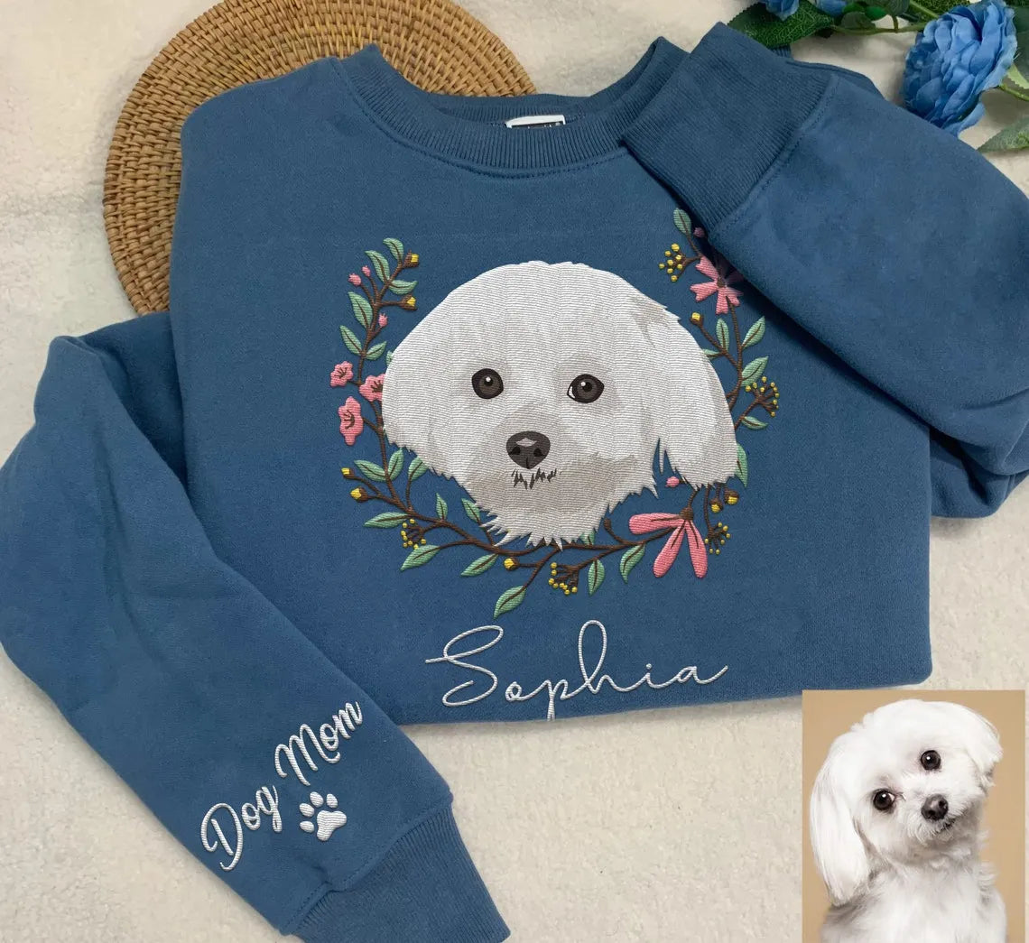 Custom Pet Portrait Embroidered Dog Mom Floral Sweatshirt Hoodie- Colorful Design